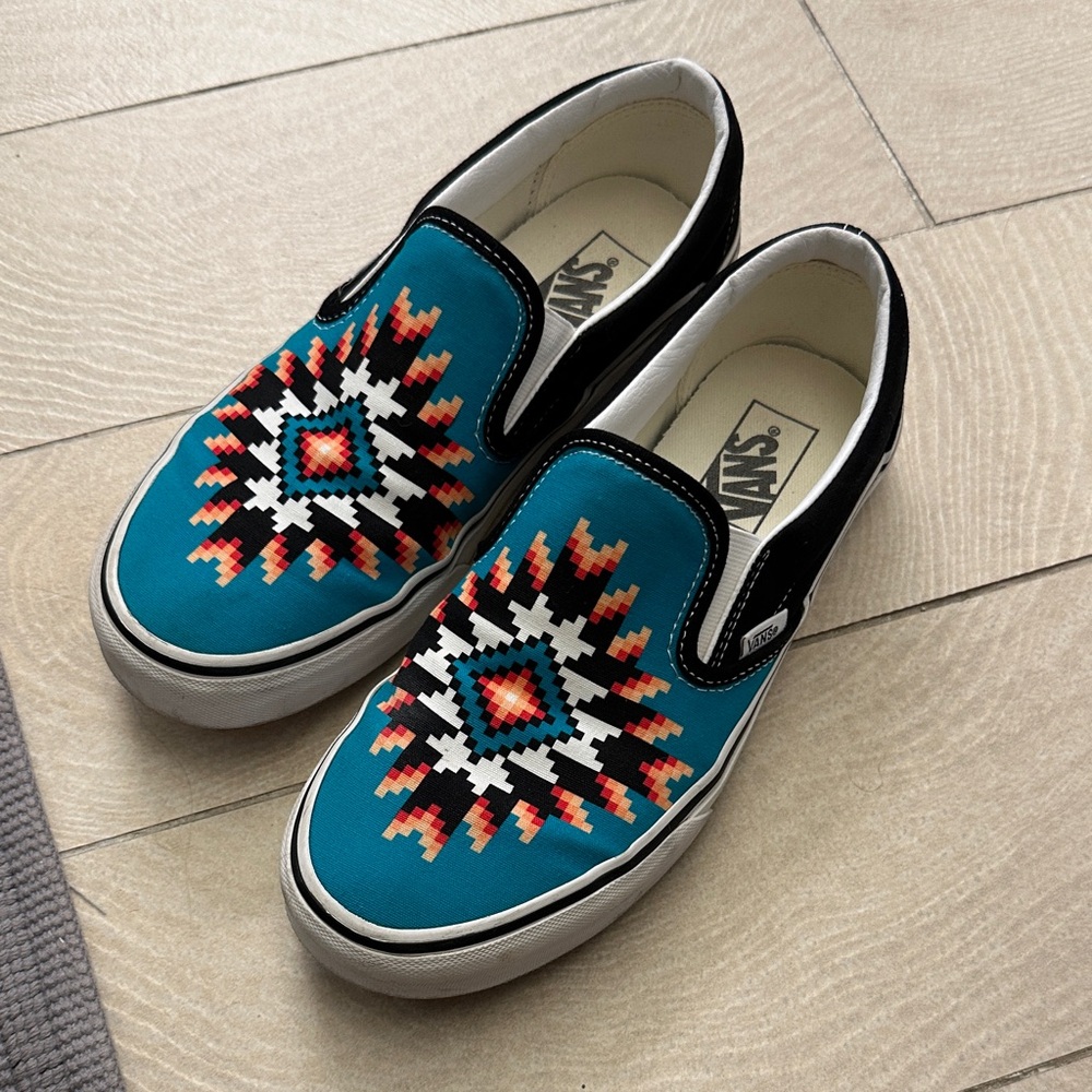 Vans Aztec Pattern Slip-On Shoes - Blue and Black